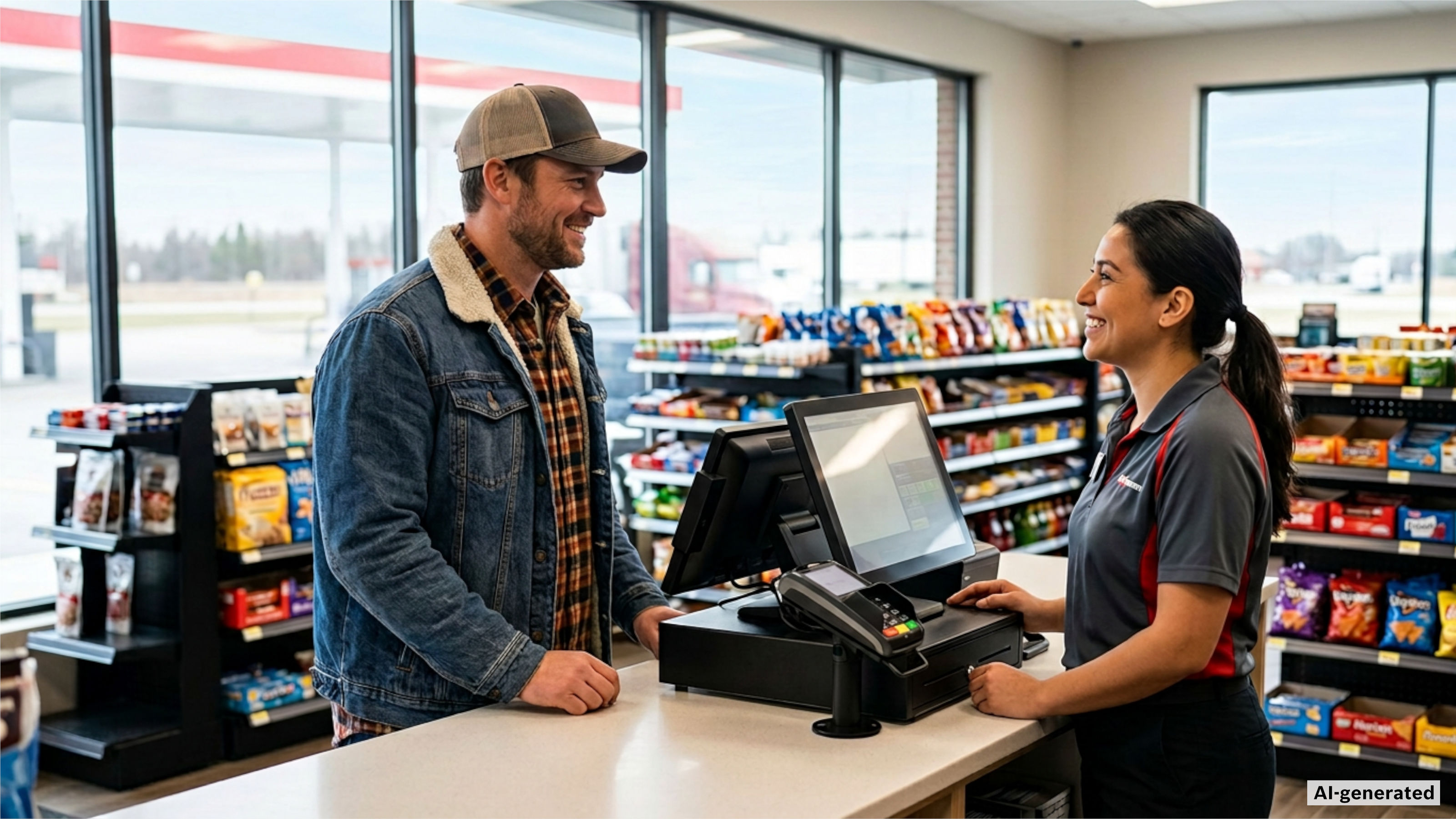 Truck driver redeeming digital voucher in restaurant store