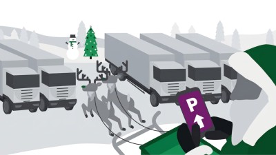 Illustration: Santa is looking at his smartphone while steering his sleigh—pulled by reindeer—into an empty parking space between some trucks; in the background, a Christmas tree and a snowman are visible.